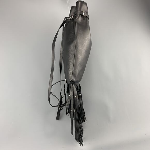 ROBERTO CAVALLI Black Leather Studded Fring Bucket Backpack - Picture 3 of 8